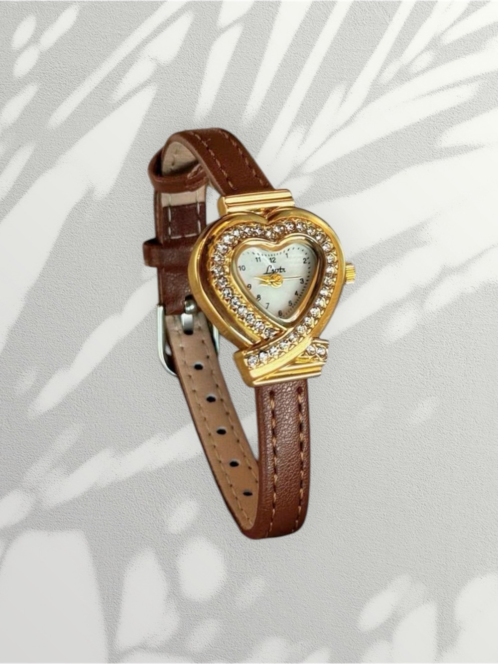 Vintage Gold Heart Rhinestone Watch | Brown Leather Strap